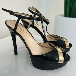 Jessica Simpson Black and Gold Strappy Heels